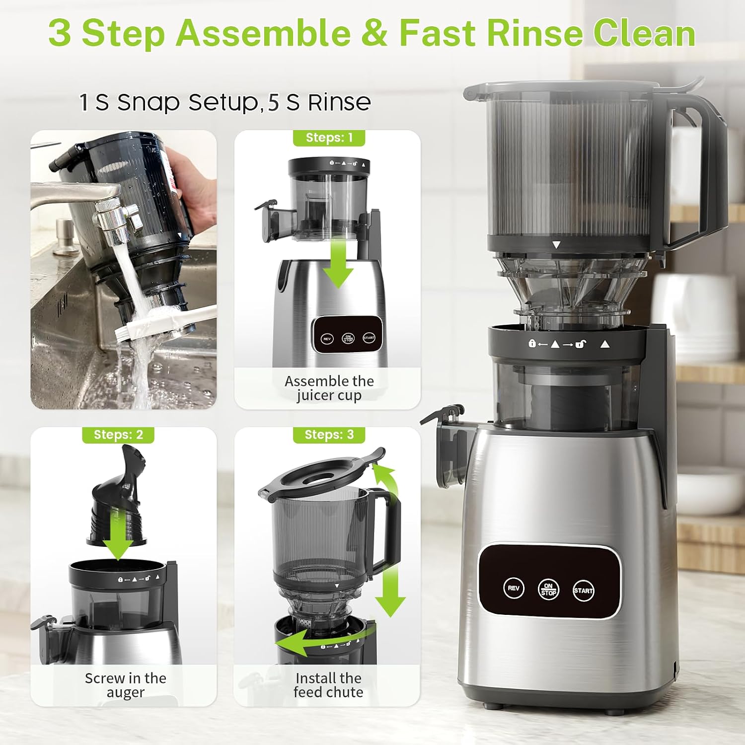 Kndko Juicer Machines with 5.4' Large Feed Chute, Cold Press Juicer for Whole Vegetables and Fruits, Stainless Steel Slow Masticating Juicer Easy to Clean, Self Feeding, High Juice Yield