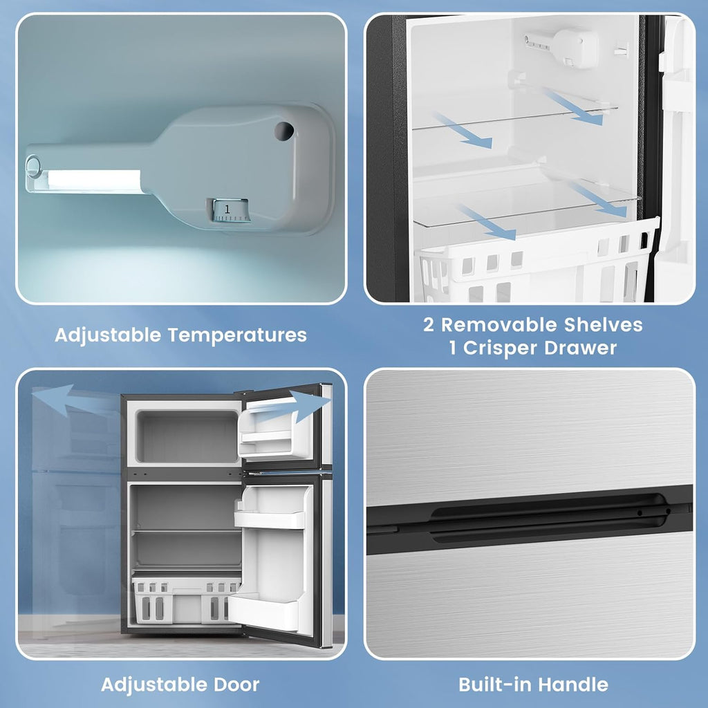 Electactic 3.1 Cu.Ft Mini Fridge with Freezer, 2 Door Compact Refrigerator, Mini Fridge with Adjustable Removable Glass Shelves for Bedroom, Office, Dorm or Apartment, Stainless Steel