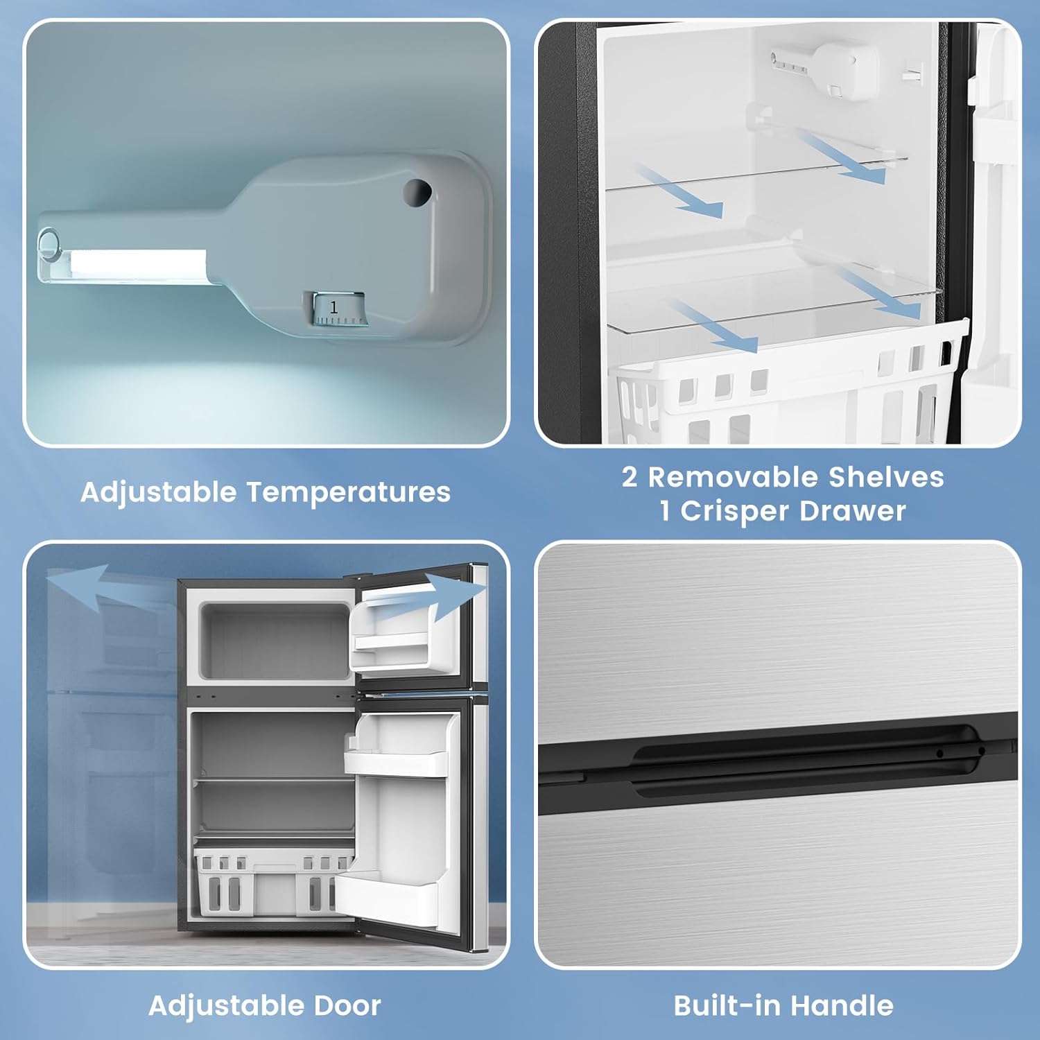 Electactic 3.1 Cu.Ft Mini Fridge with Freezer, 2 Door Compact Refrigerator, Mini Fridge with Adjustable Removable Glass Shelves for Bedroom, Office, Dorm or Apartment, Stainless Steel