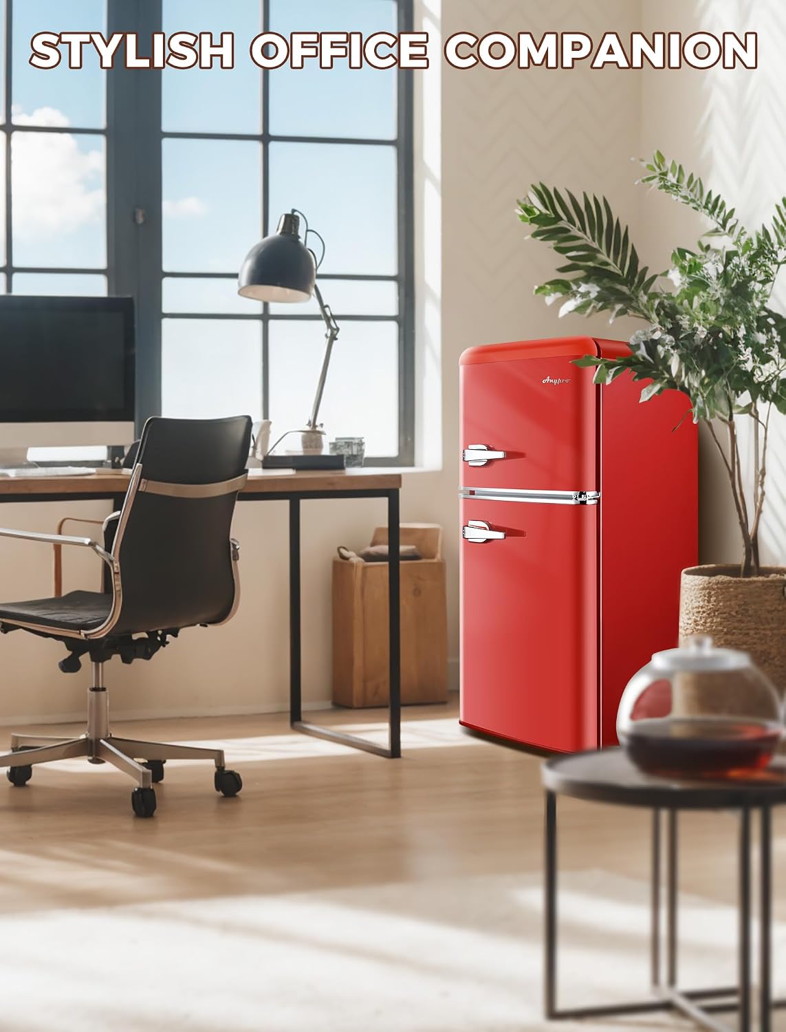 Anypro 3.2 Cu.Ft Refrigerator, Double Door Retro Fridge with Freezer, 7 Adjustable Temperature Settings, Low Noise, Removable Glass Shelves for Dorm, Office, Bedroom, Apartment, Red