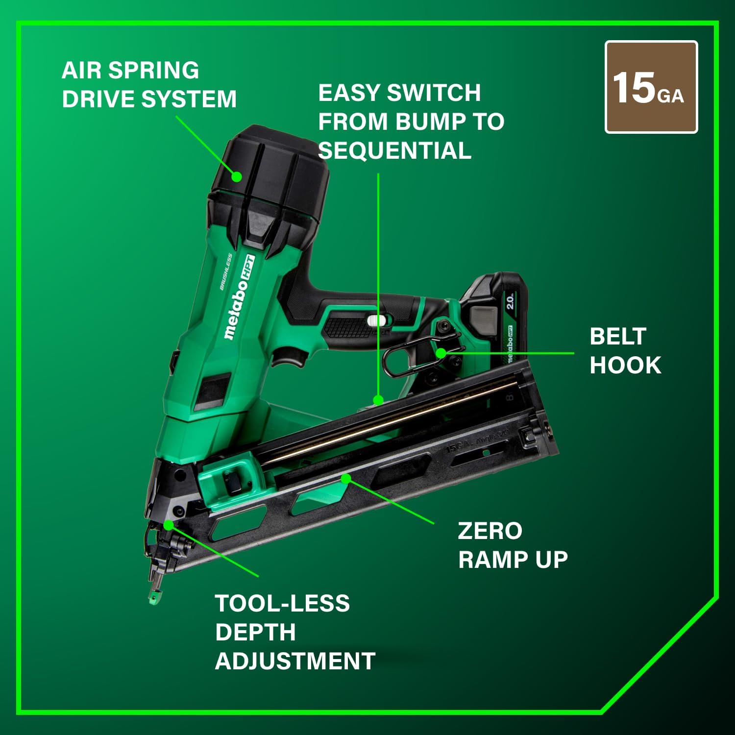 Metabo HPT 18V MultiVolt Brushless Pro 15-GA Angled Finish Nailer Kit, 15 Gauge Finish Nailer, Power Tool with 2.0Ah Lithium Ion Battery, 1-1/4' to 2-1/2' Nails, Powerful Brushless Motor, NT1865DAA