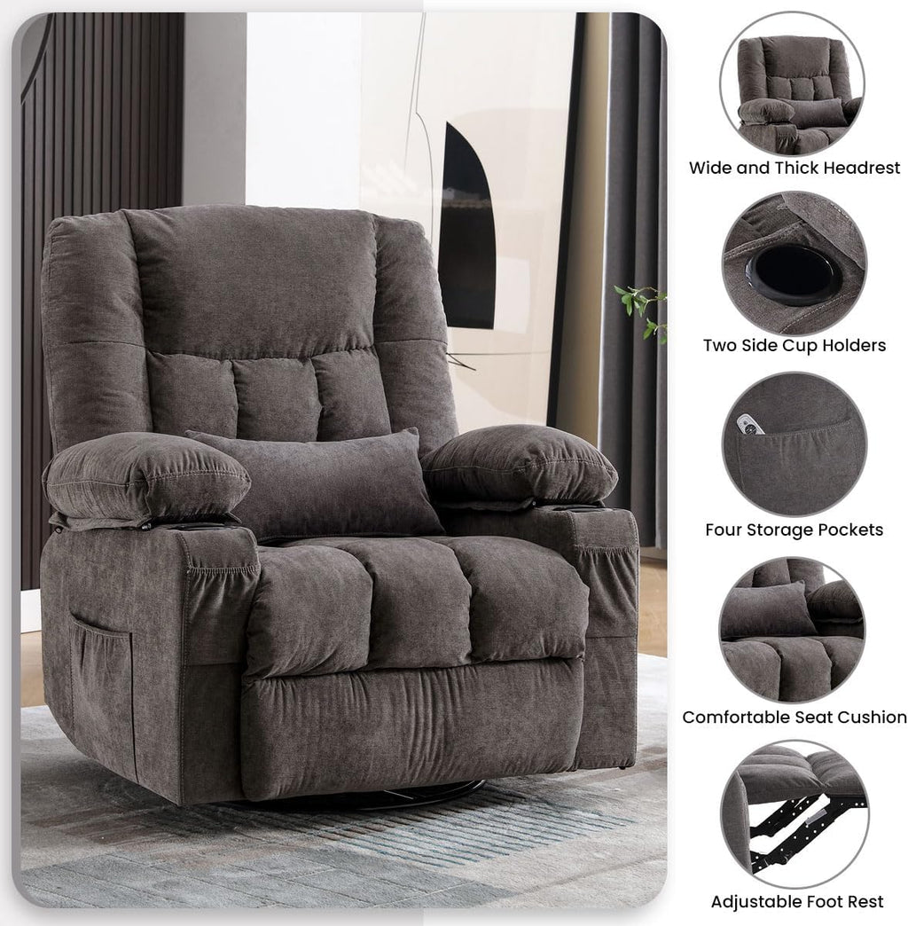 BOSMILLER Oversized Recliner Chair for Adults with Vibration Massage and Lumbar Heating Swivel Rocker Recliner with Cup Holder and USB Charge Port for Living Room