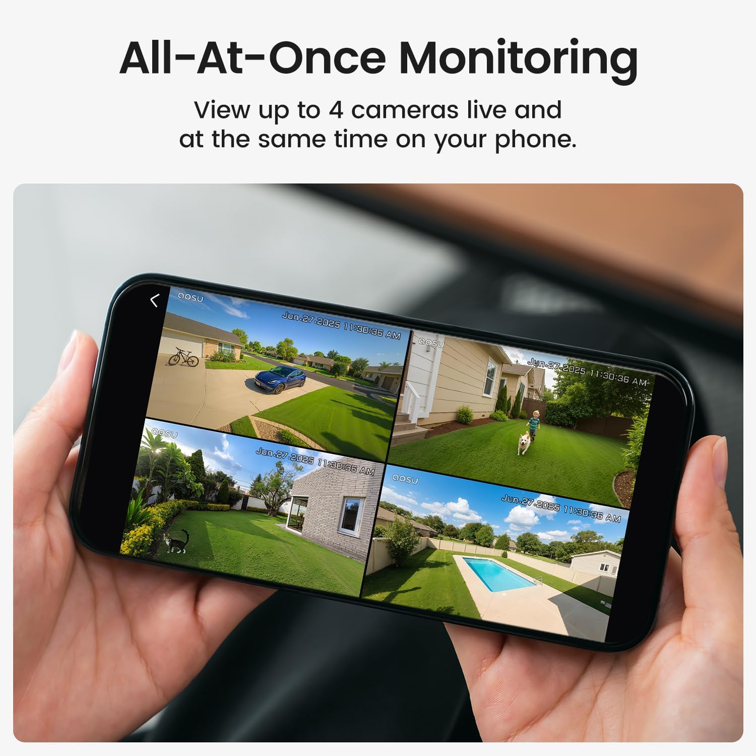 aosu Solar Security Cameras Wireless Outdoor, 2Mins DIY Installation, No Subscription Required Cameras for Home Security System, Local Storage, 2K Color Night Vision, 2.4&5GHz WiFi, 4 Cam-kit