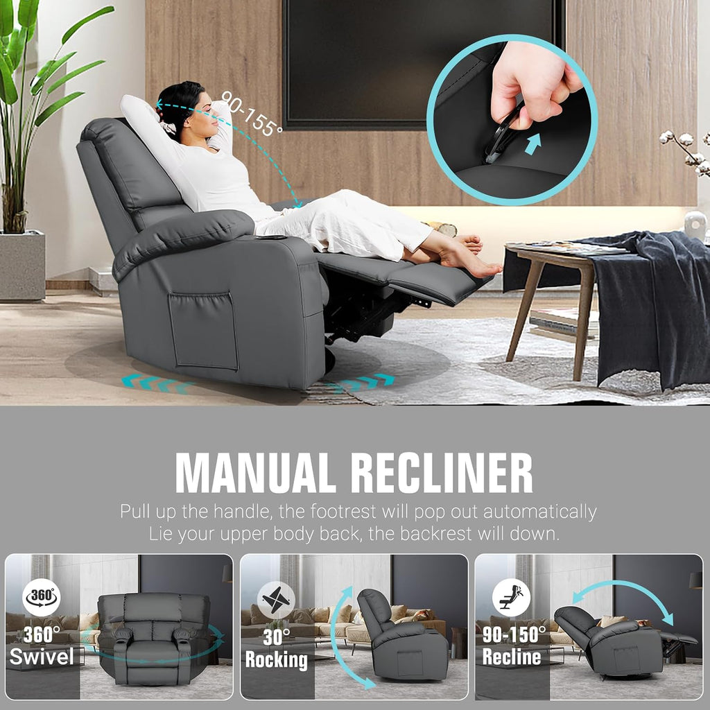 LAFWELL Rocking Recliner Chair, Massage Rocker Recliner Chair with Vibration Massage and Heat, 360° Swivel Faux Leather Chairs, Living Room, Bedroom, Nursery, RV, Dark Gery