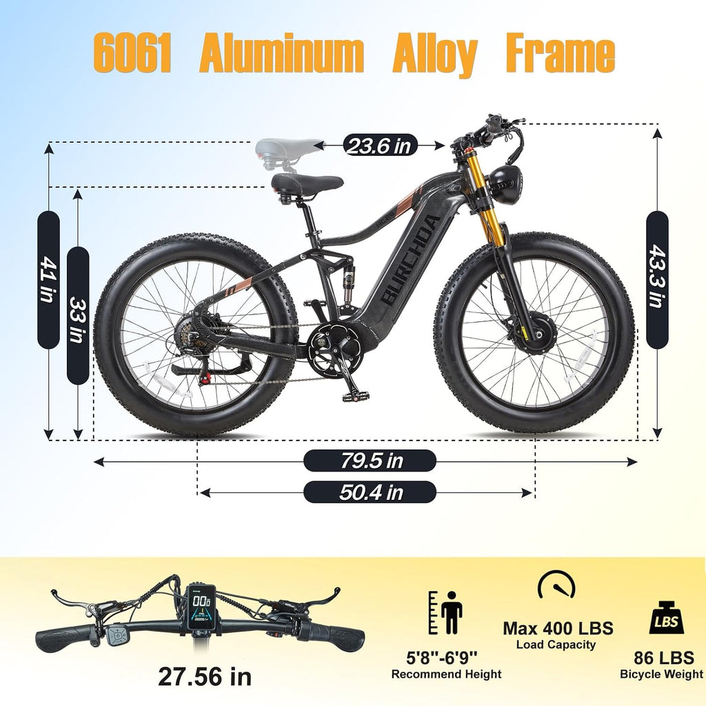 DAMSON Electric Bike for Adults Dual Motor AWD 5000W/3000W/1500W Peak 40MPH/30MPH Dirt Ebike, 52V/48V Max-Output Up to 65/80/120/160 Miles Long Range, 26' Full Suspension Fat Tire Mountains Bicycle