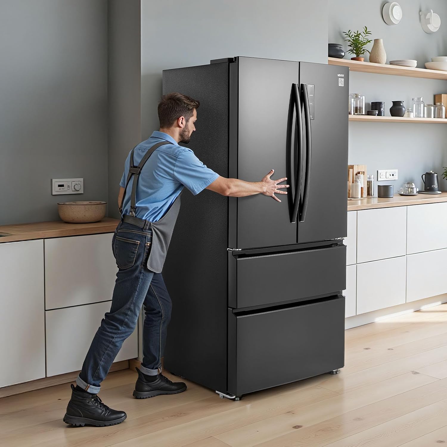 VEVOR French Door Refrigerator, 18.9 Cu. Ft. Kitchen Fridge, Counter Depth French Refrigerator with LED Display and 4 Casters, Frost-Free Bottom Freezer Refrigerators for Home & Commercial Use, Black