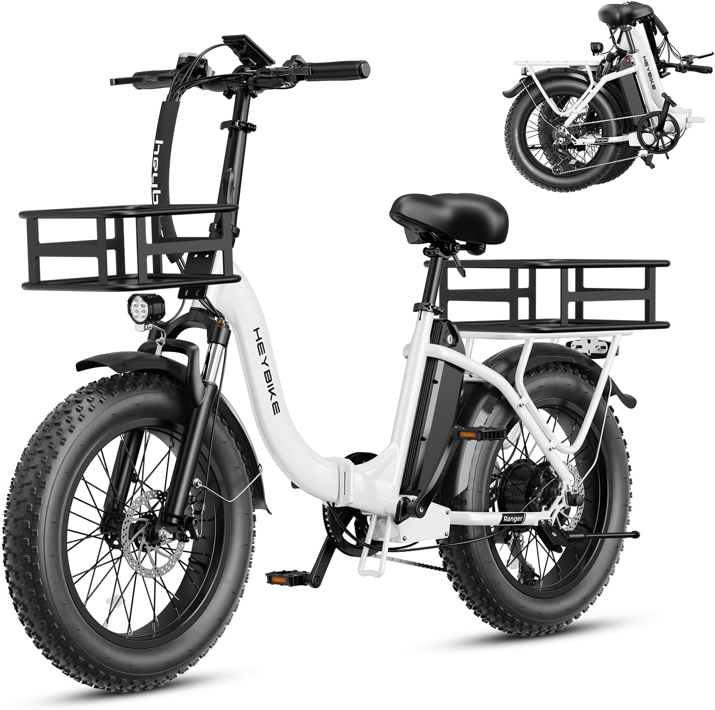 Heybike Ranger 2.0 Foldable Electric Bike for Adults, 20'*4 Fat Tire Ebike with 1400W Peak Motor, 28 MPH Max Speed, 600Wh Removable Battery, Up to 65 Miles Range, Front Suspension Step-Thru E Bike