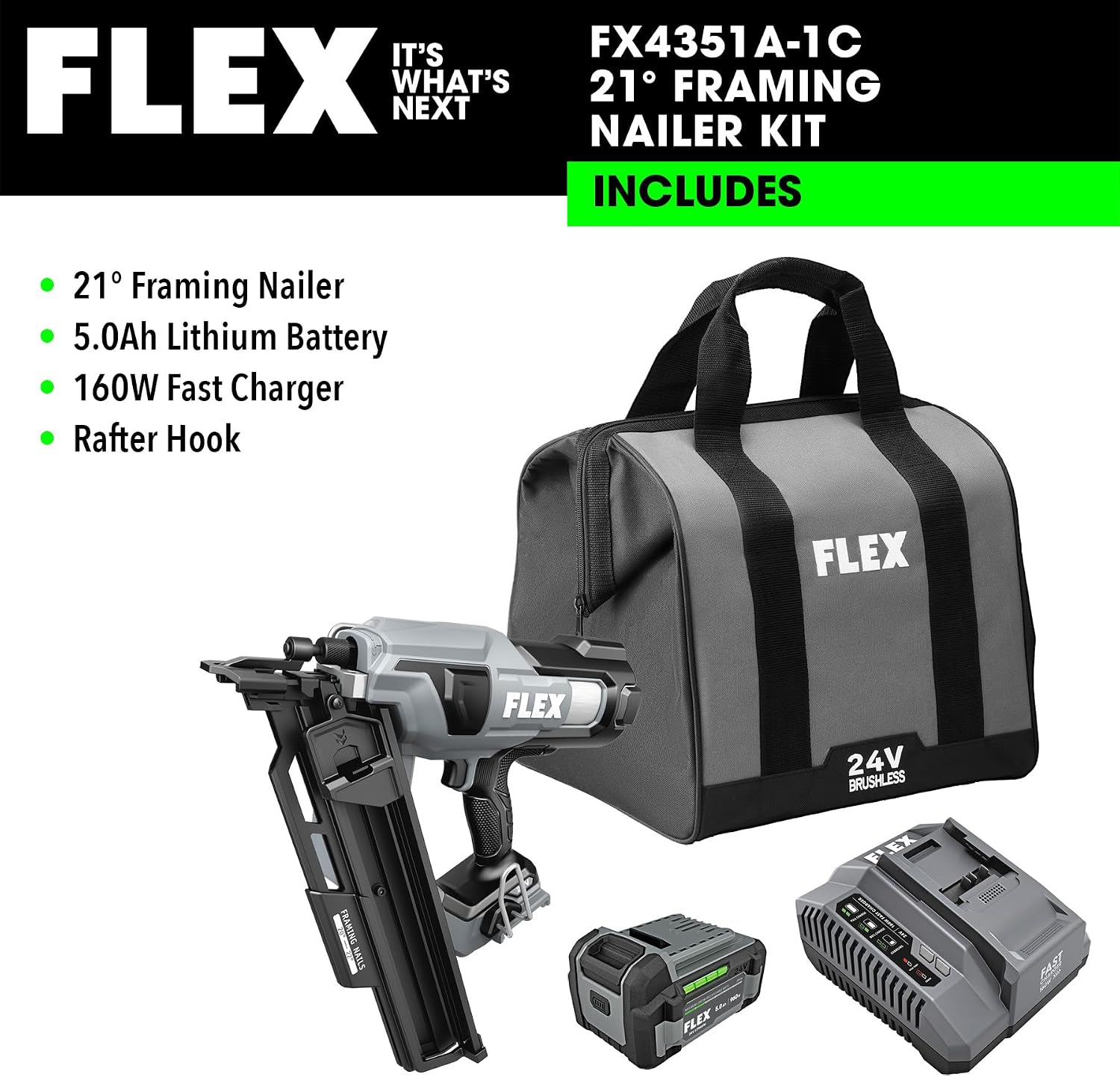 FLEX 24V Brushless 21° Framing Nailer Kit, Zero Ramp-up Time, 3 Nails/Sec, Ideal for Framing, Sheathing and Decking, w/ 5.0Ah Lithium Battery & 160W Fast Charger - FX4351A-1C