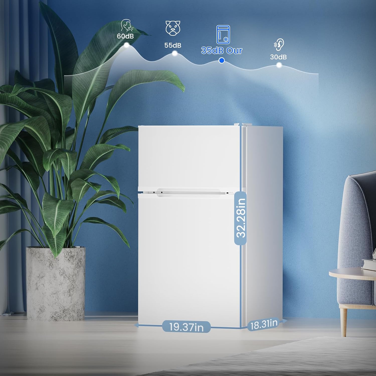 Electactic 3.1 Cu.Ft Small Fridge with Freezer, Compact Refrigerator with 2 Doors, Mini Fridge with Adjustable Removable Glass Shelves for Bedroom, Dorm, Office or Apartment,White