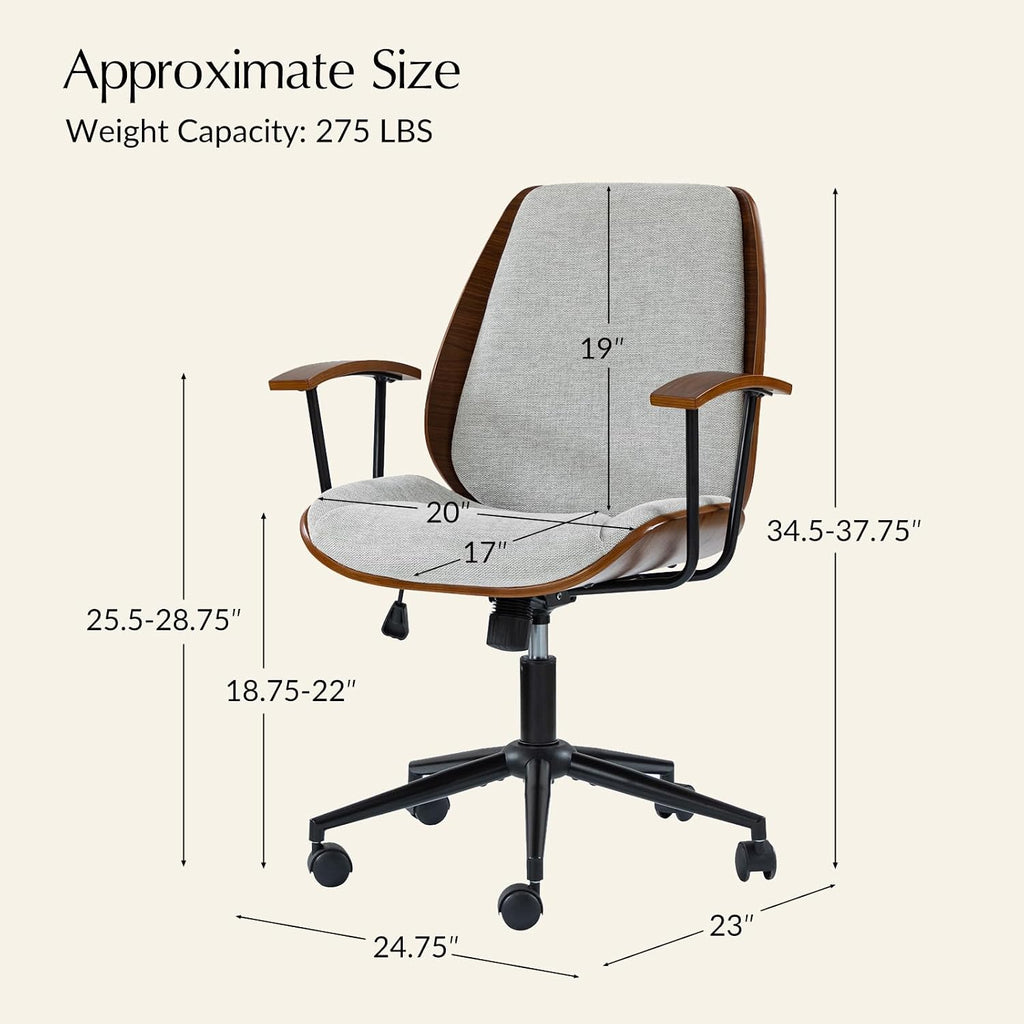 HULALA HOME Solid Wood Office Chair with Rocking Function, Comfy Fabric Desk Chair with Bent Wood and Metal Base, Height Adjustable Swivel Computer Task Chair, Grey