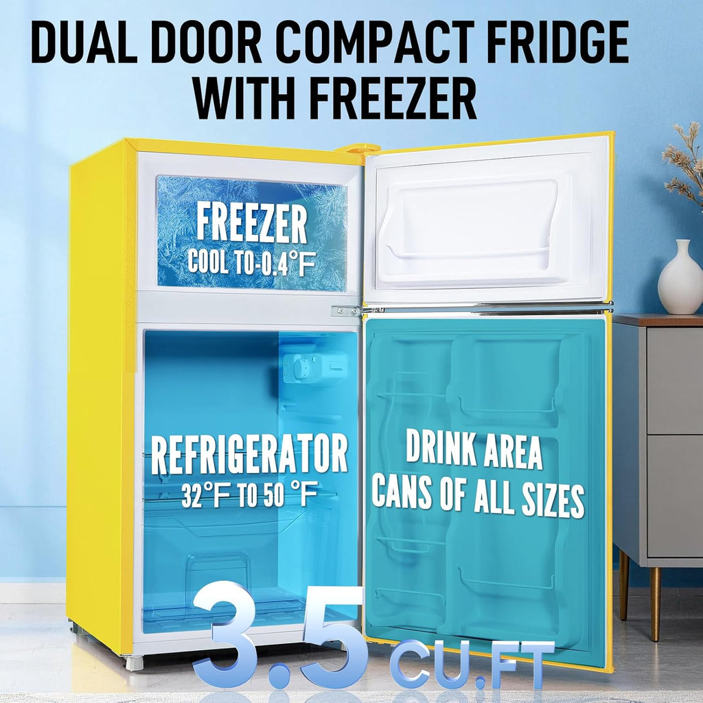 WANAI 2 Door 2 Handle Mini Refrigerator with Freezer-on-top, Spacious 3.5 Cubic Feet Capacity Small Fridge with 7-Level Adjustable Thermostat & 2 Removable Shelves Yellow