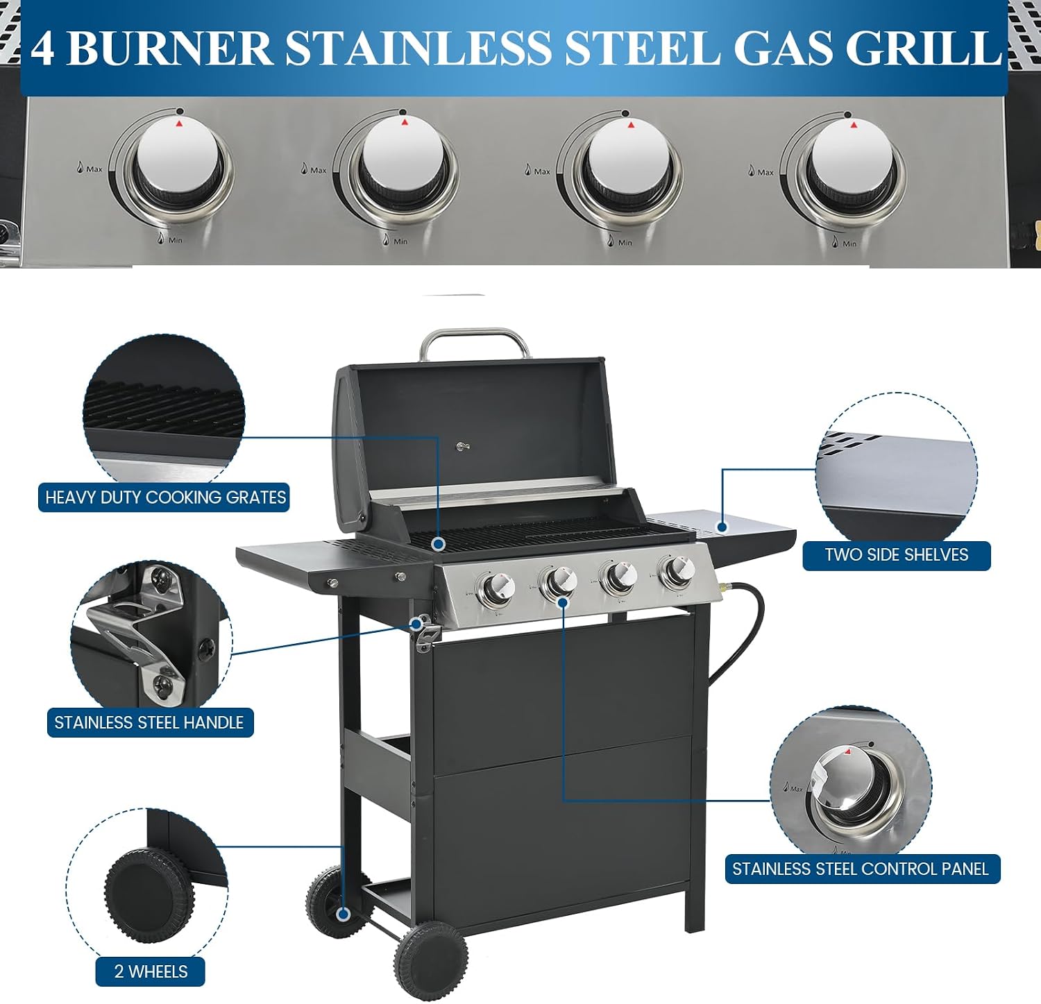 Patio Propane Gas Grill Stainless Steel, 4-Burner BBQ Grill with Top Cover Lid, Spacious Cooking Area and 2 Side Shelves, for Outdoor Patio Garden Picnic Backyard, Black