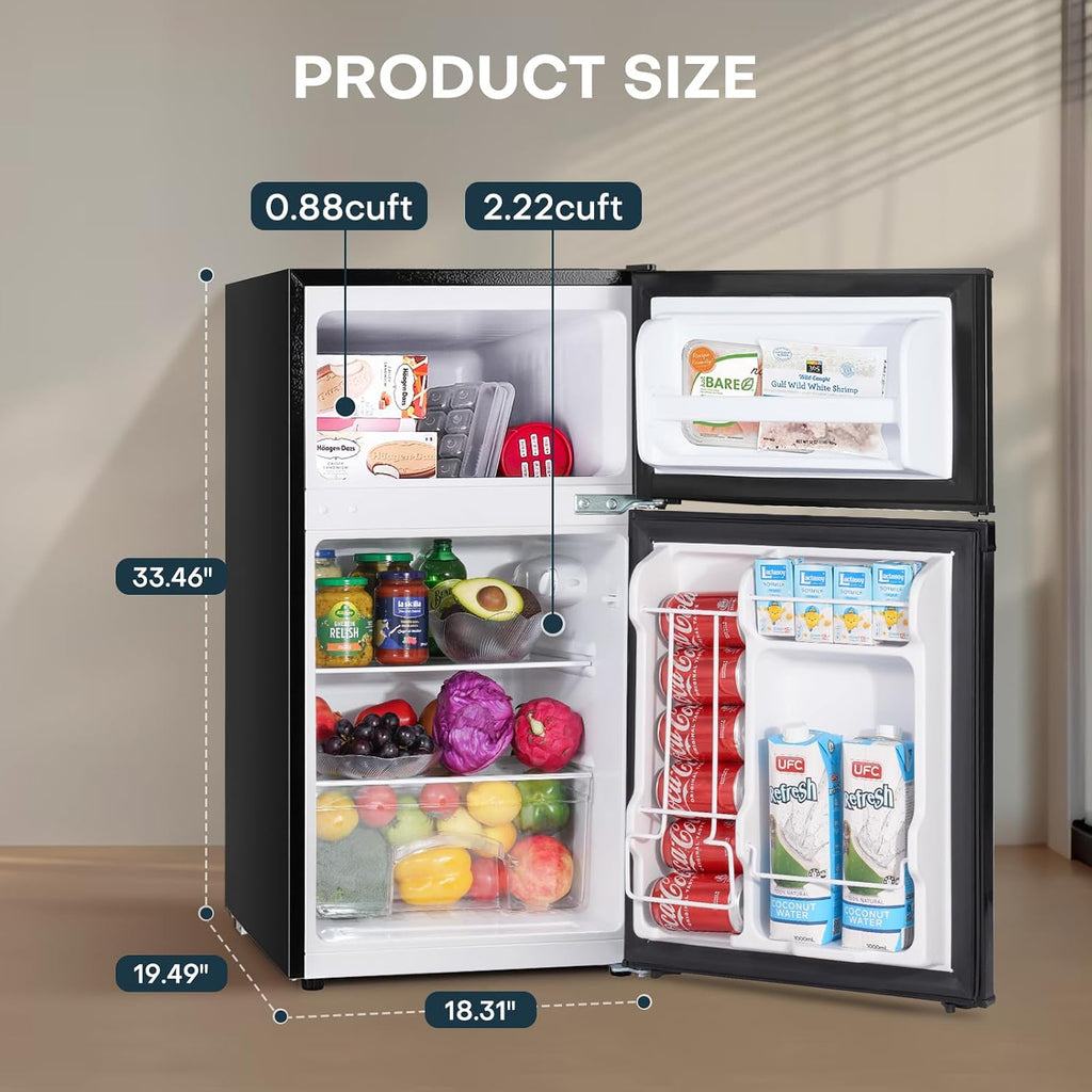 Upstreman 3.1 Cu.Ft Mini Fridge with Freezer, Double Door Small Fridge, Dorm Essentials, Adjustable Thermostat, Energy Saving, Mini Refrigerator for Office, Dorm,Bedroom, Stainless