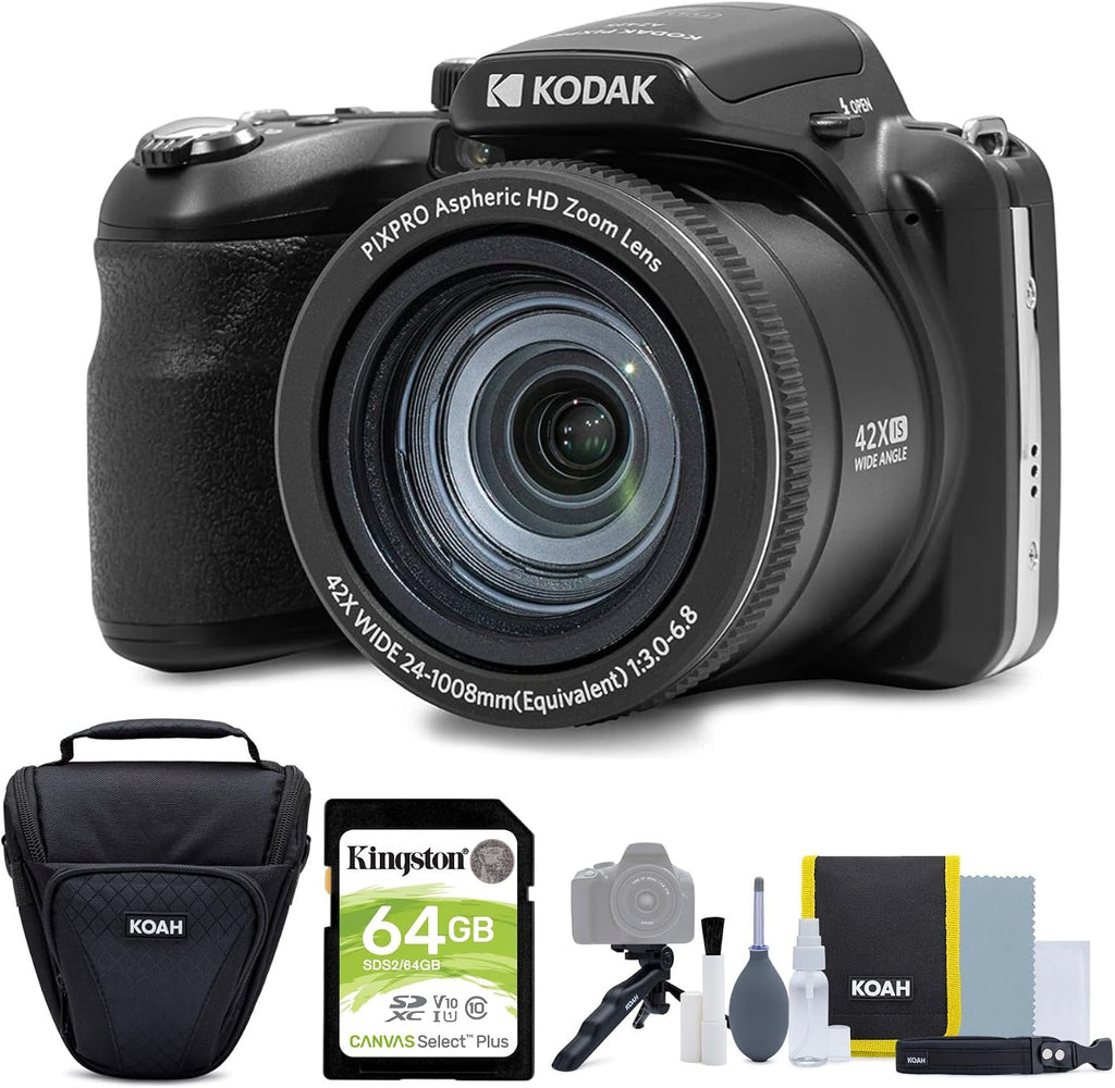 Kodak PIXPRO AZ425 Astro Zoom 20MP Digital Camera with 42X Optical Zoom (Black) Bundle with 64GB SD Card and Accessory Kit (3 Items)