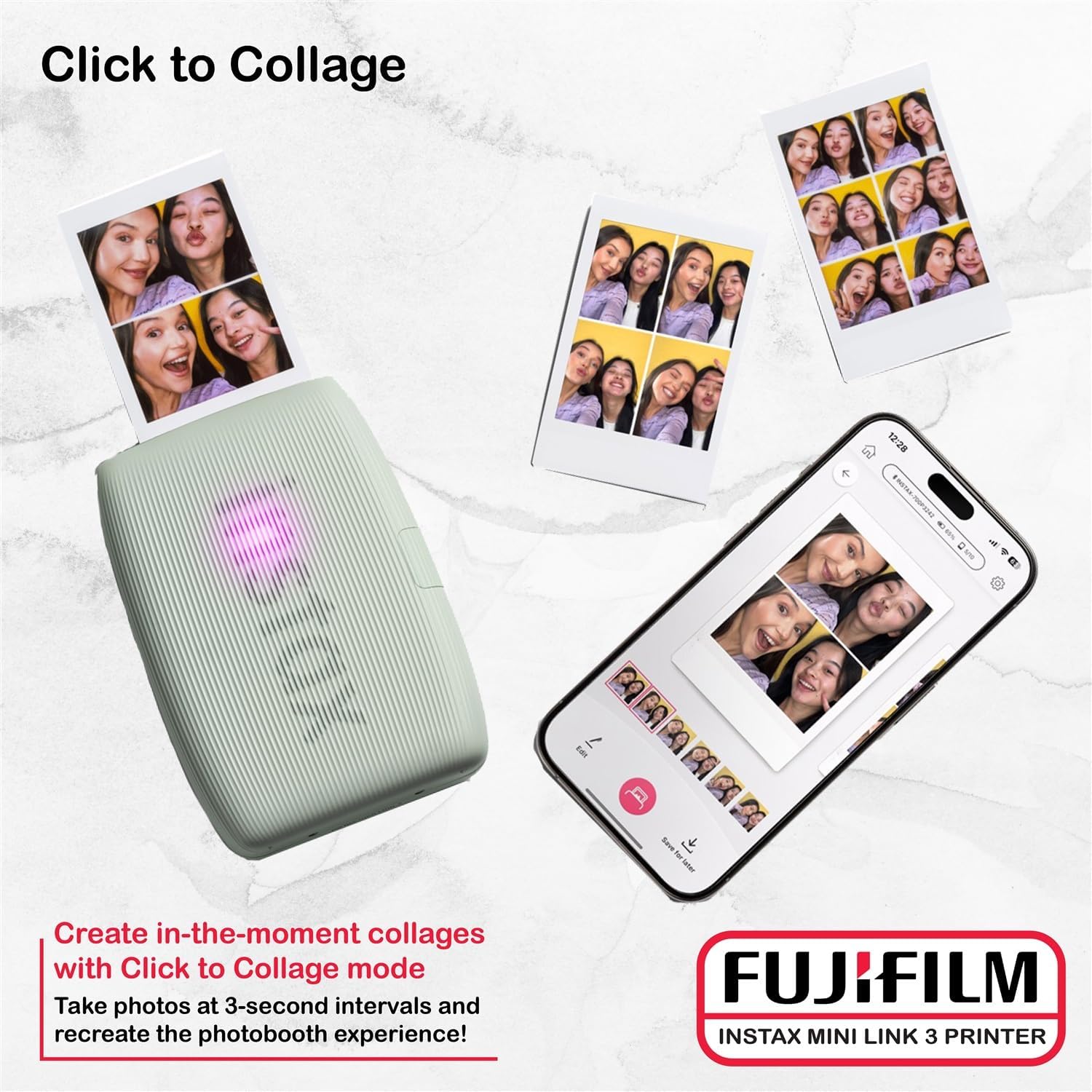 Fujifilm Instax Mini Link 3 Printer Bundle Instax Mini Film (40 Sheets), Instax Mini Link 3 Protective Case (Sage Green)