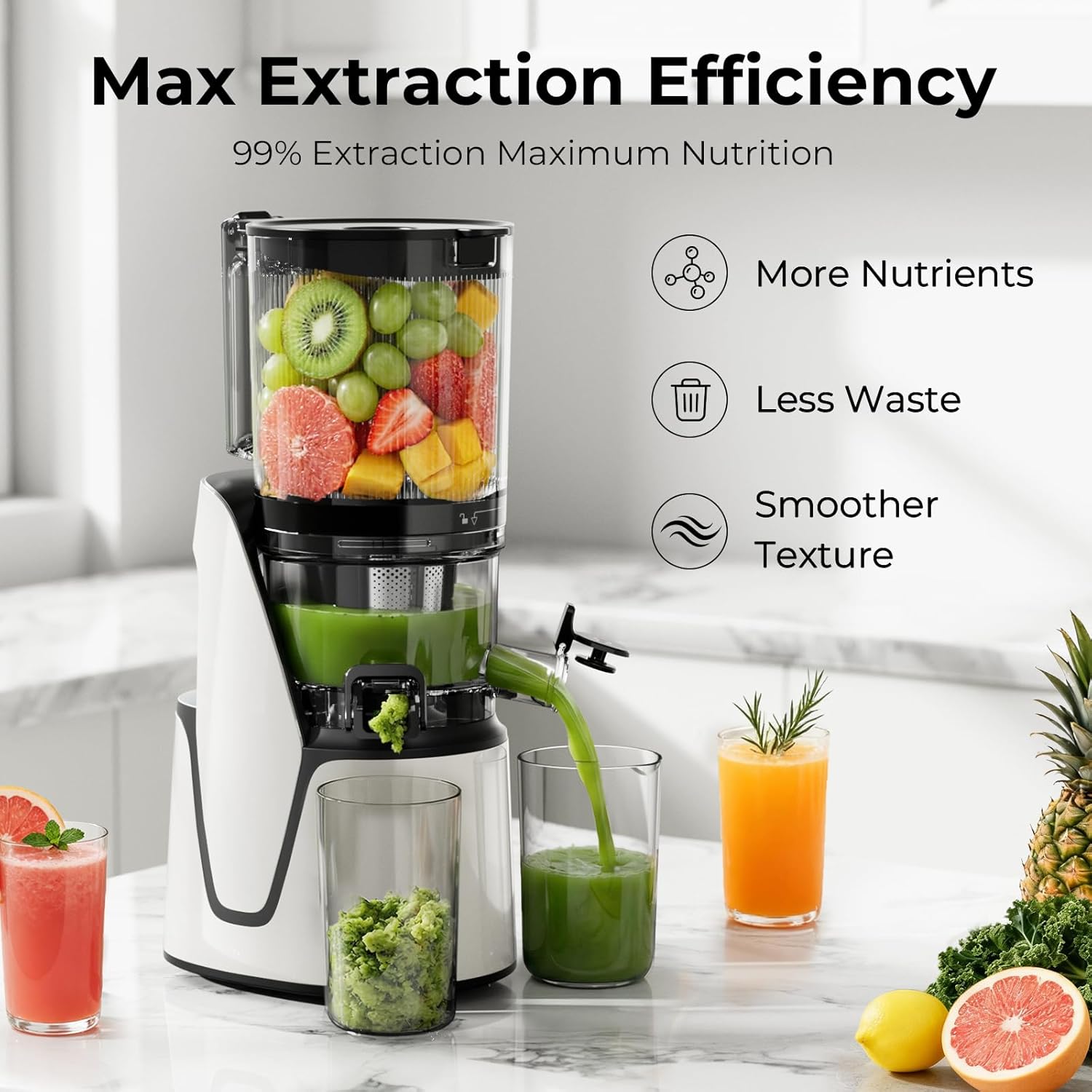 EanOruus Juicer Machines, 3-in-1 Cold Press Juicer with 6.5' Extra Large Chute, 100oz Large Capacity, AC Motor, Makes Juice, Nut Milk & Sorbet, Bright White