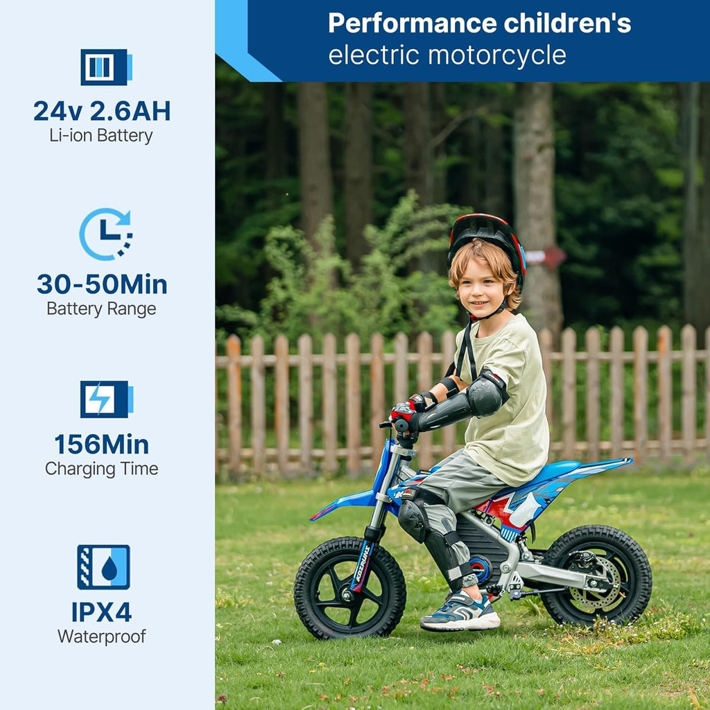 Electric Dirt Bike for Kids 3-7, 200W Powerful Racing Experience Motorcycle, Up to 8.0MPH, 2 Speed Settings, 12-Inch Off-Road Tires, Rear Disc Brakes & Advanced Suspension, Blue