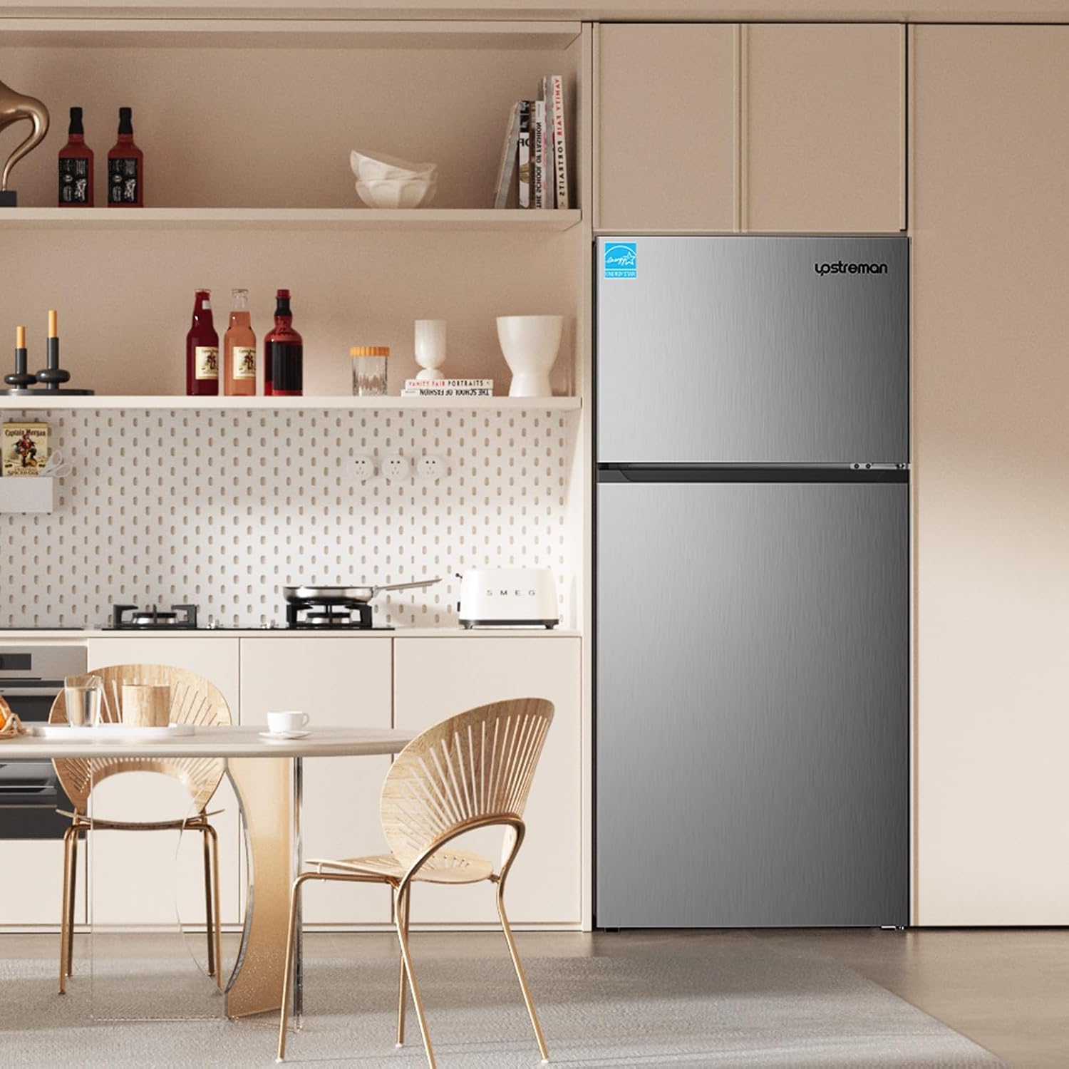 Upstreman 17.6 Cu.Ft Top Freezer Refrigerator Large Capacity Refrigerator, Frost Free, ENERGY STAR, Adjustable Thermostat, Fingerprint Resistant Stainless Steel, Reversible Door