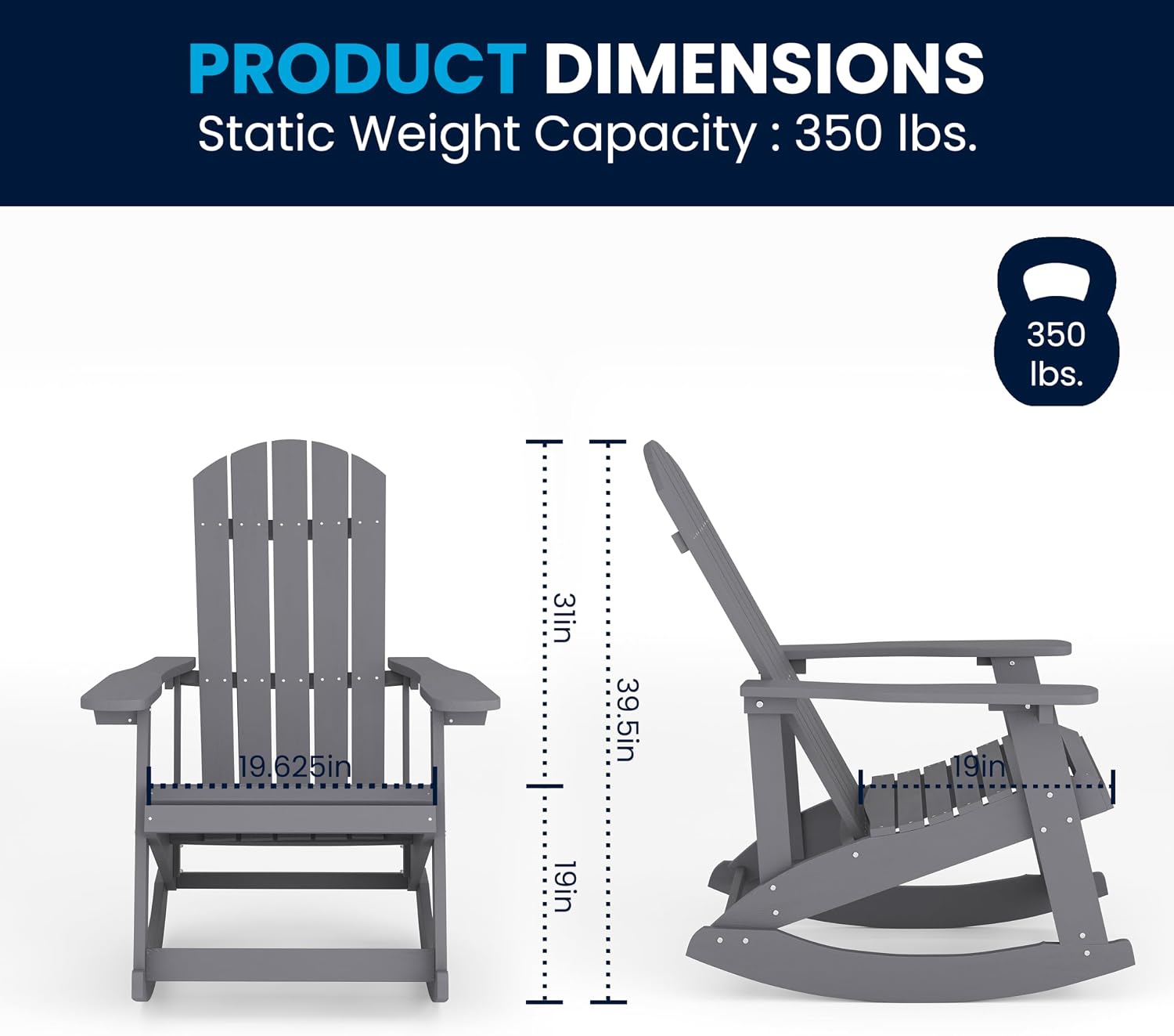 Flash Furniture Savannah Poly Resin Wood Adirondack Rocking Chair - All Weather Gray Polystyrene - Stainless Steel Hardware