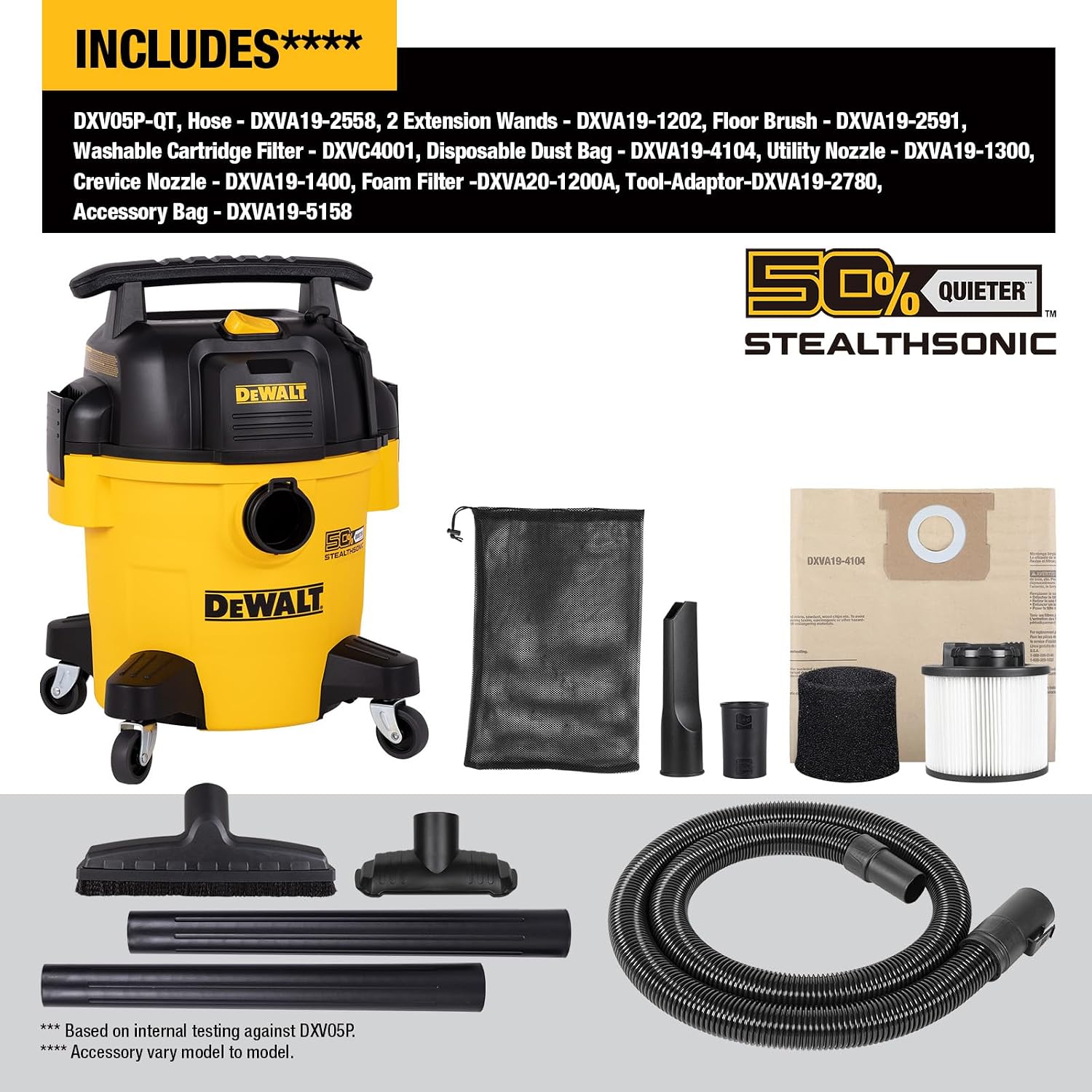 DEWALT Wet Dry Shop Vac 5 Gallon, STEALTHSONIC Ultra Quiet Shop Vacuum Wet and Dry 4 Peak HP, Powerful Suction Wet Dry Vacuum Cleaner, Portable Vacuum for Home, Garage, Workshop, Jobsite, DXV05P-QT