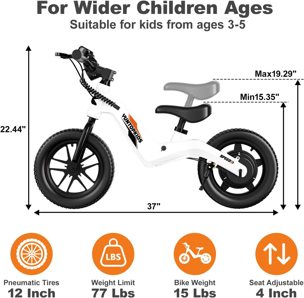 YunTopKids Electric Balance Bike for Kids Ages 3-5, 12 Inch Tires,Safe Start,3 Speeds up to 9.3 MPH,LCD,180W 24V Kids Electric Bike with Adjustable Seat,Fast Charger,LED Light