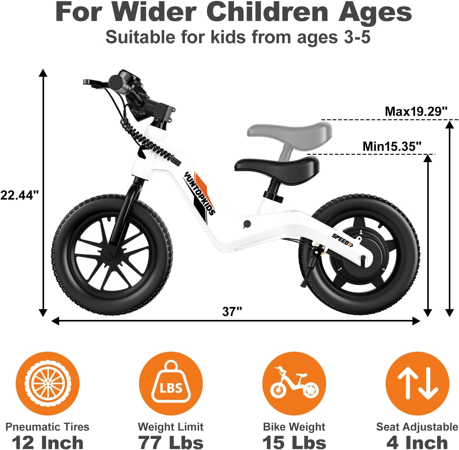 YunTopKids Electric Balance Bike for Kids Ages 3-5, 12 Inch Tires,Safe Start,3 Speeds up to 9.3 MPH,LCD,180W 24V Kids Electric Bike with Adjustable Seat,Fast Charger,LED Light