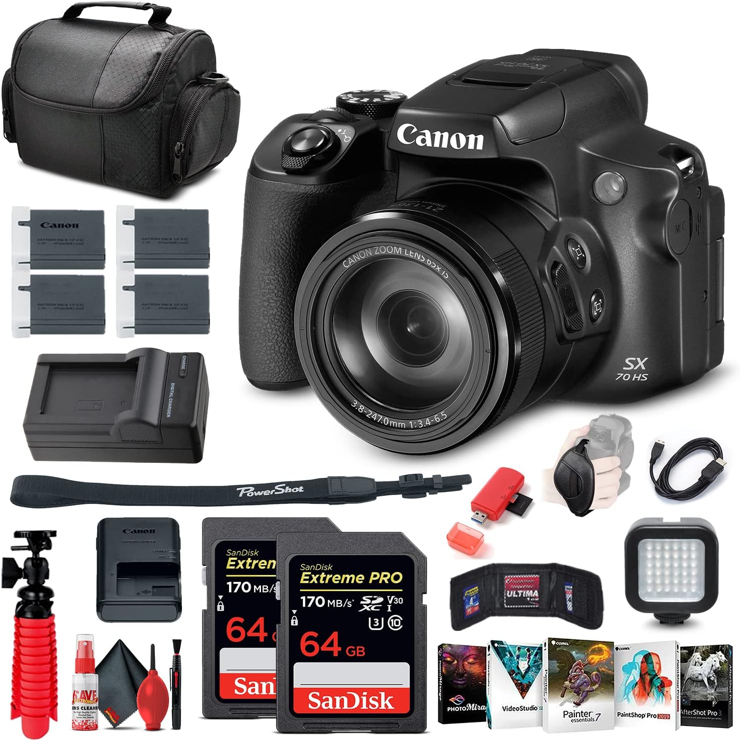 Canon PowerShot SX70 HS Digital Camera (3071C001) + 2 x 64GB Card + Corel Photo Software + 3 x LPE12 Battery + Charger + Card Reader + LED Light + HDMI Cable + Deluxe Soft Bag + More