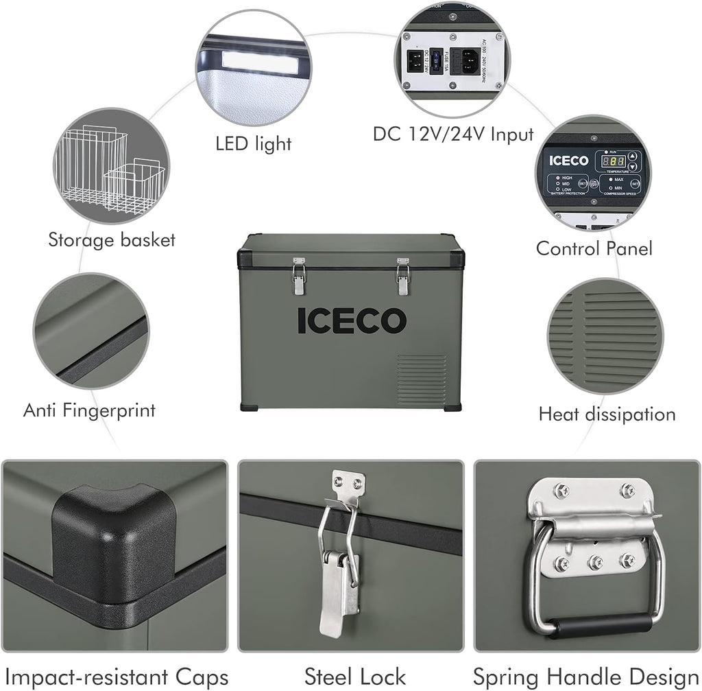 ICECO VL45 12 Volt Refrigerator, 47 Quart Platinum Portable Fridge, With SECOP Compressor, 0℉～50℉, 12/24V DC, 110/240V AC, Compact Freezer for RV, Truck, Car Use (With Slide Mount)