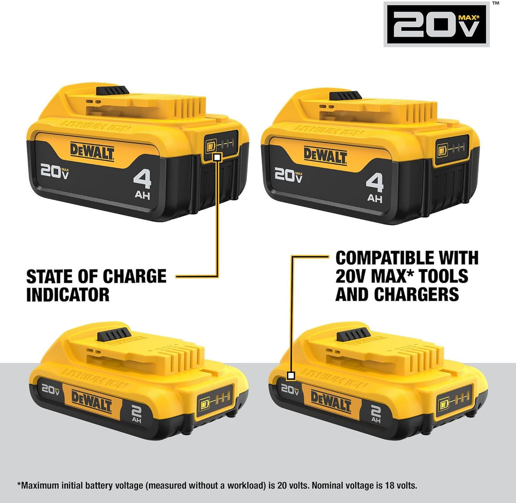 DEWALT 20V MAX Lithium Ion Battery, 2 Ah and 4 Ah, 4-Pack, Fuel Gauge LED Charge Indicators (DCB324-4)