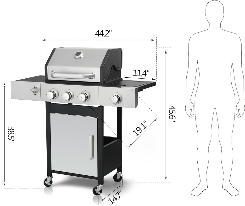 BBQ Grill, 3-Burner Propane Gas Grill with Side Burner, 37,230 BTU Output, Enameled Cast Iron Cooking Grids & Stainless Steel Front Door for Outdoor BBQ, Camping, and Family Gatherings