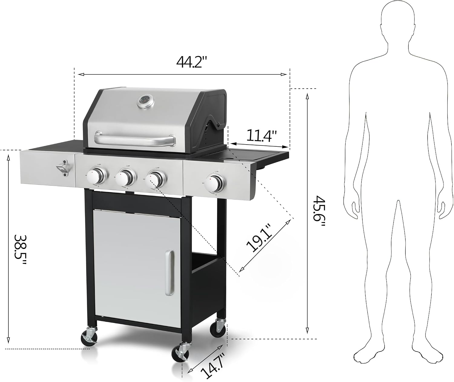 BBQ Grill, 3-Burner Propane Gas Grill with Side Burner, 37,230 BTU Output, Enameled Cast Iron Cooking Grids & Stainless Steel Front Door for Outdoor BBQ, Camping, and Family Gatherings