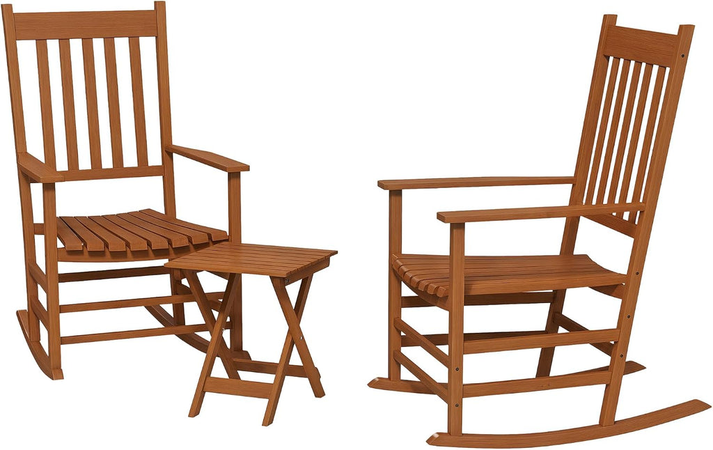 Outsunny Outdoor Rocking Chair Set of 2 with Side Table, Patio Wooden Rocking Chair with Smooth Armrests, High Back for Garden, Balcony, Porch, Supports Up to 352 lbs, Teak