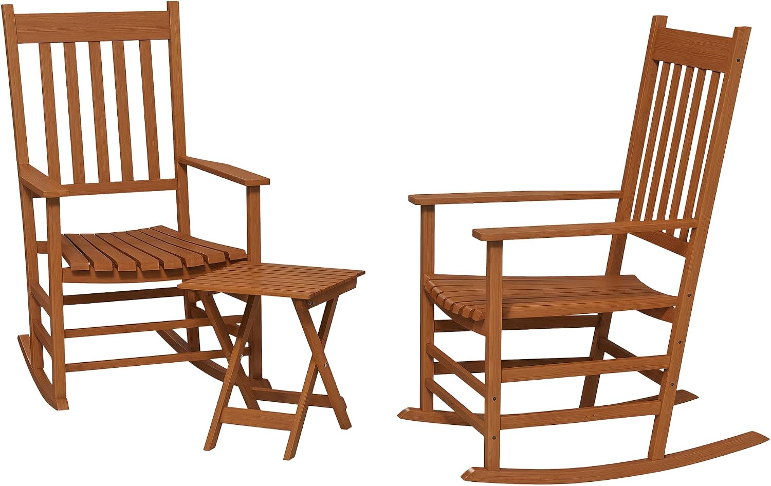 Outsunny Outdoor Rocking Chair Set of 2 with Side Table, Patio Wooden Rocking Chair with Smooth Armrests, High Back for Garden, Balcony, Porch, Supports Up to 352 lbs, Teak