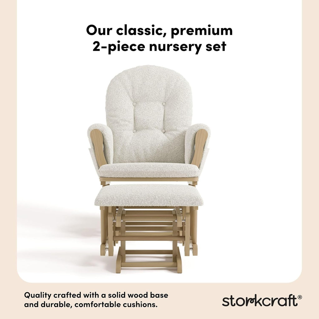 Storkcraft Premium Hoop Glider & Ottoman - GREENGUARD Gold Certified, Solid Wood Craftsmanship, Convenient Storage Pockets, Nursery Rocking Chair, Multi-Award-Winning (Driftwood and Ivory Boucle)