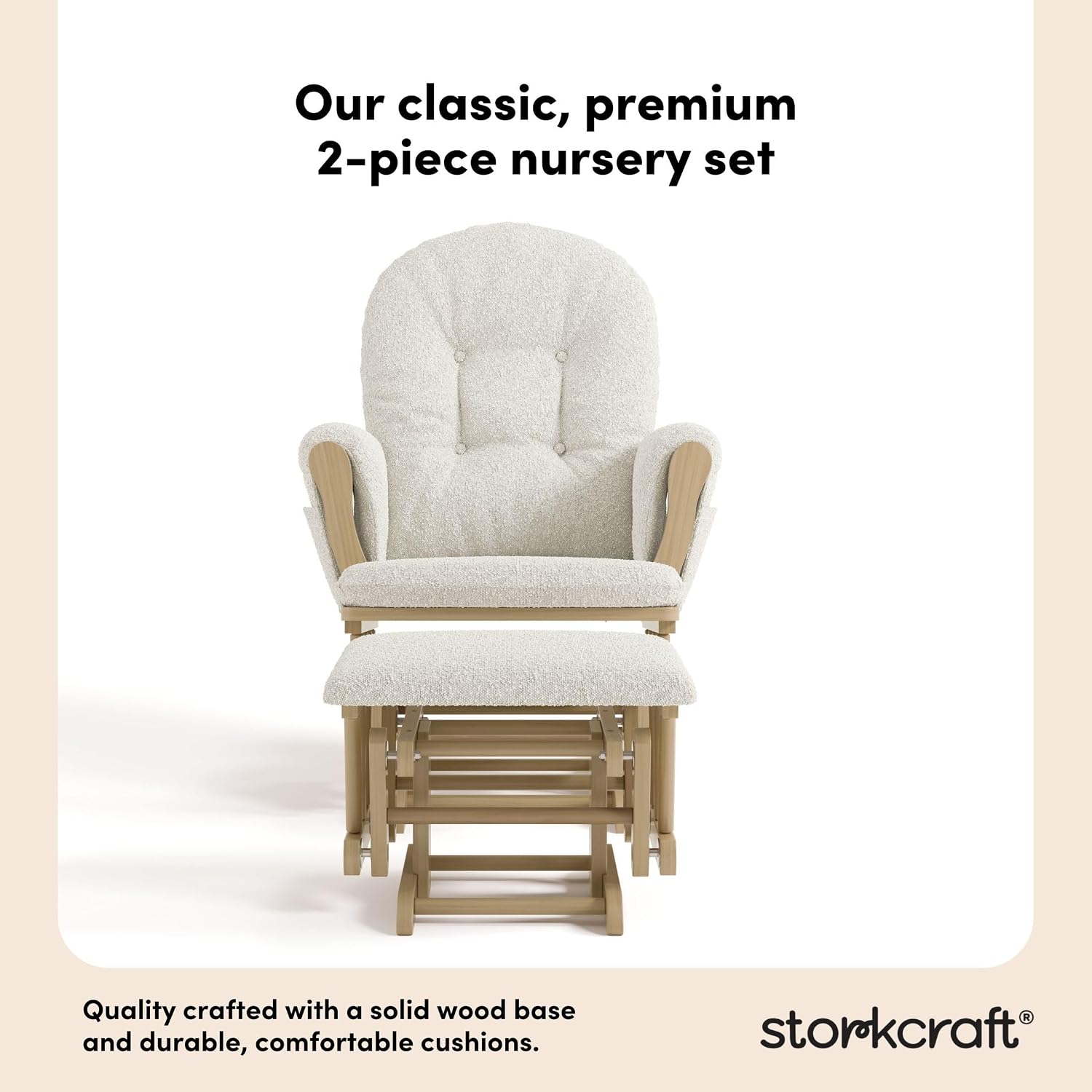 Storkcraft Premium Hoop Glider & Ottoman - GREENGUARD Gold Certified, Solid Wood Craftsmanship, Convenient Storage Pockets, Nursery Rocking Chair, Multi-Award-Winning (Driftwood and Ivory Boucle)