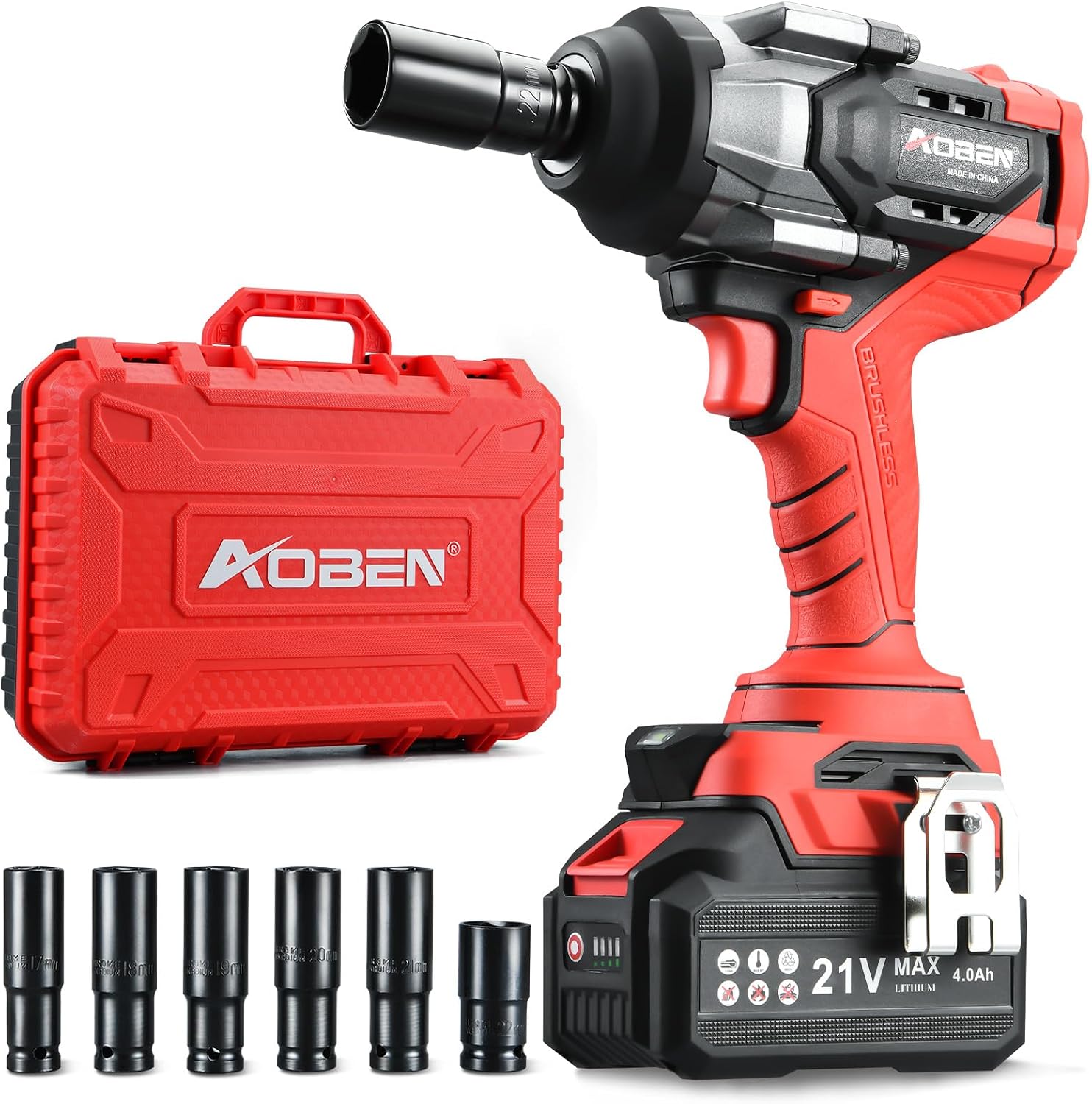 AOBEN 1100N.m Cordless Impact Wrench, 1/2' High Torque Impact Gun, 3-Speed 2500RPM Power Impact Driver for Car RV Tire Lug Nuts, Includes 4.0Ah Battery & Fast Charger, 6 Sockets & Carry Case