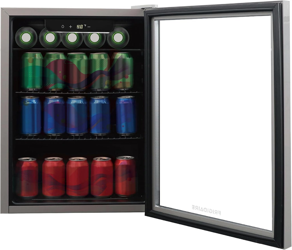 Frigidaire EFMIS9000AMZ, Beverage Fridge Refrigerator with Glass Door, Compact Mini Fridge with Digital Temperature Control Fits 88 Cans or 25 Bottles, 74L Capacity - 19.29'D x 25'W x 17.51'H, Silver