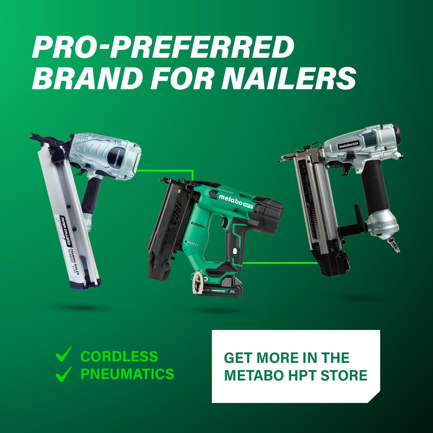 Metabo HPT 18V MultiVolt Brushless Compact Cordless Brad Nailer Kit, 18 Gauge Nailer with Power Tool 2.0Ah Lithium Ion Battery, Drives 5/8' to 2' Brad Nails, NT1850DFT