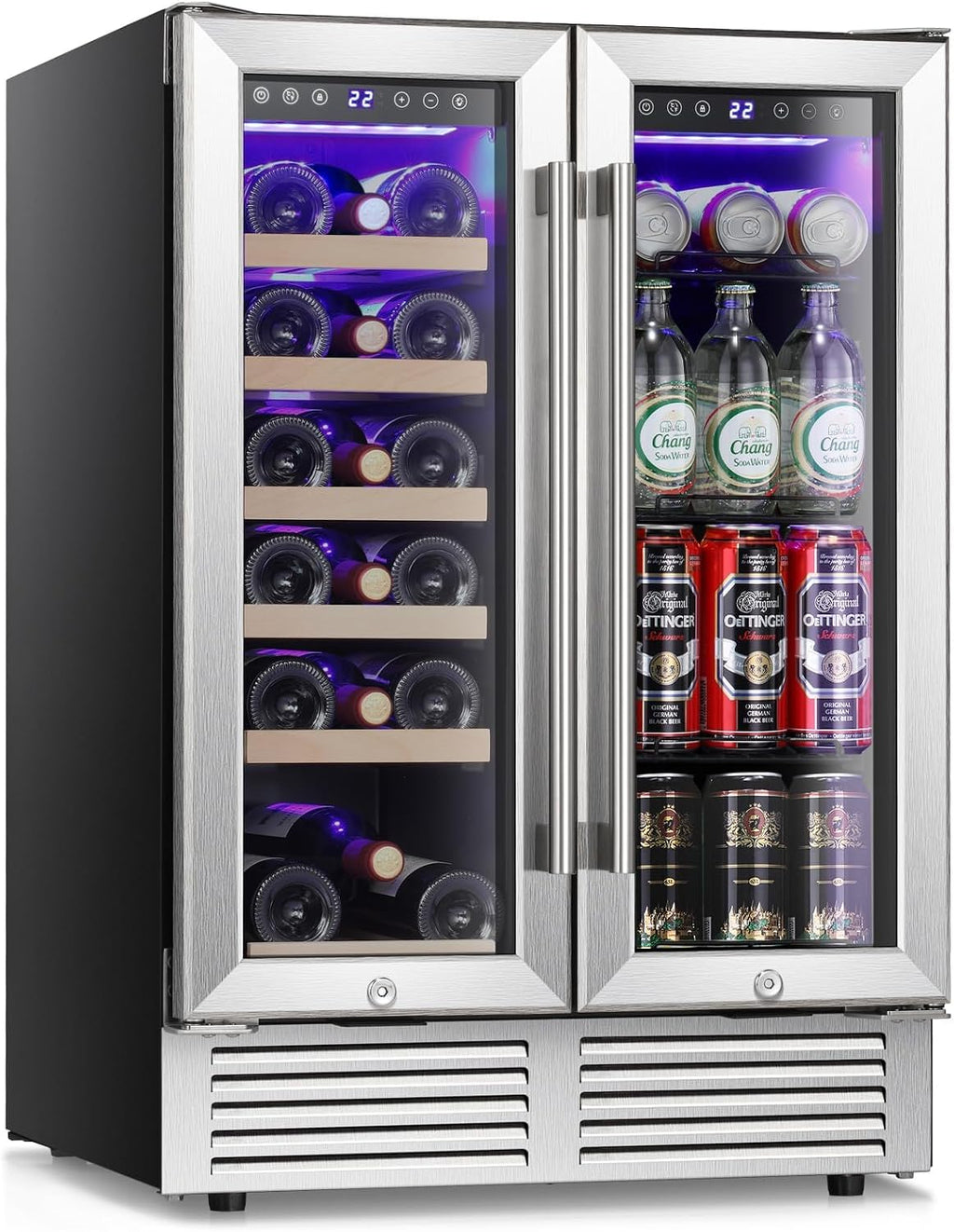 Antarctic Star 24 Inch Dual Zone Wine and Beverage Refrigerator, Built-in or Freestanding Mini Fridge with Clear Glass Door & LED Light, for Beer, Soda, and Wine