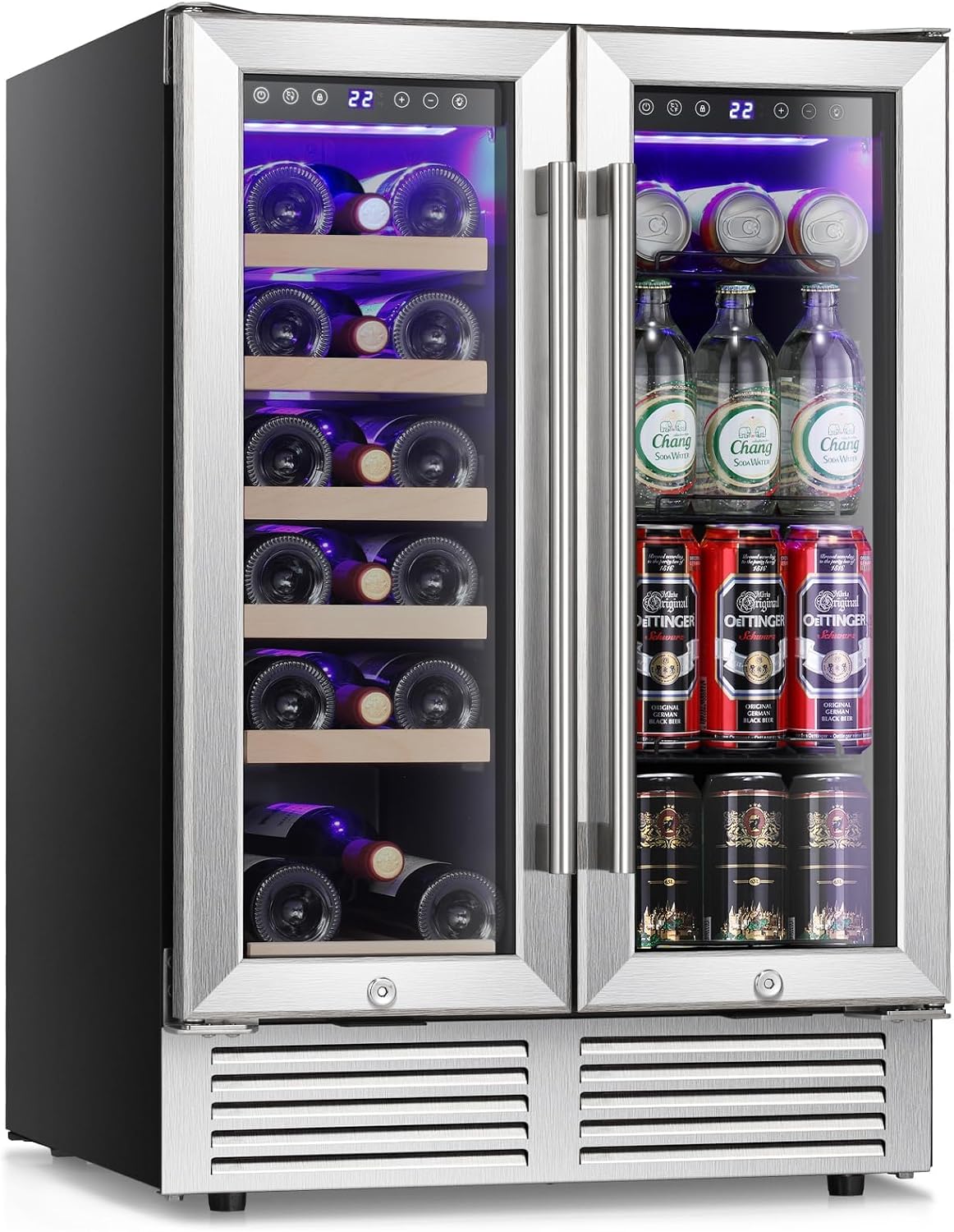 Antarctic Star 24 Inch Dual Zone Wine and Beverage Refrigerator, Built-in or Freestanding Mini Fridge with Clear Glass Door & LED Light, for Beer, Soda, and Wine