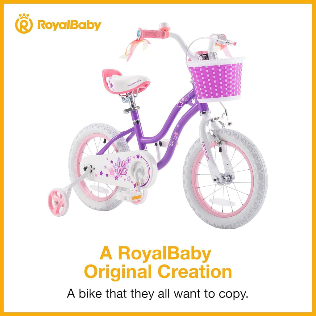RoyalBaby Stargirl 12 Inch Kids Outdoor Bicycle with Accessory Basket, Bell, Thick Wheels, and Safety Training Wheels for Ages 2-4, Purple