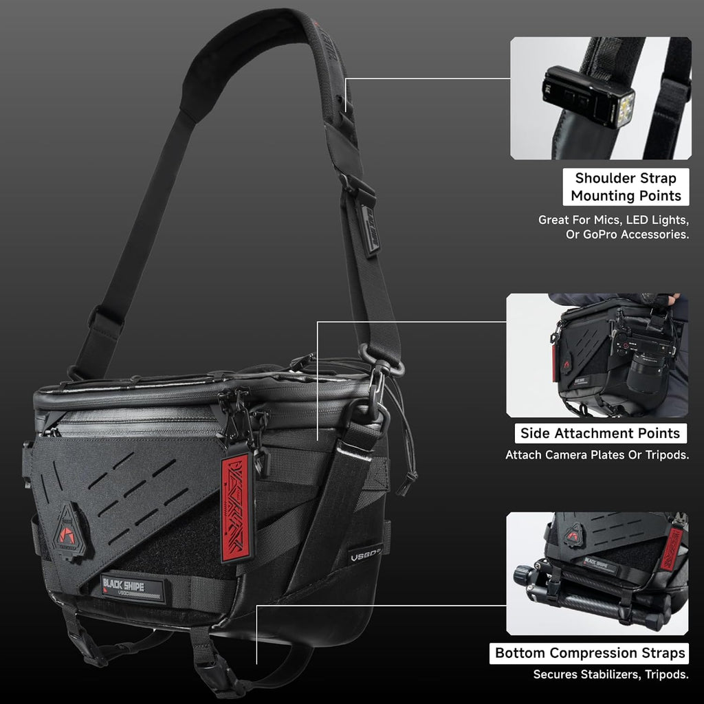 VSGO Black Snipe Pro 7-9L Expandable Camera Sling Bag – Waterproof Techwear Fabric, Anti-Twist, Modular Dividers & Tripod Holder, Lightweight Professional Camera Bag