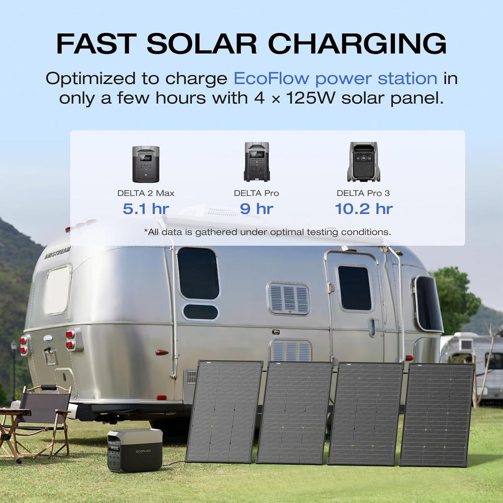 EF ECOFLOW 4PCS 125W Solar Panels, 500W Bifacial Rigid Modular Solar Panel Up to 25% Efficiency with IP68 Waterproof Rate, Adjustable Support and Solar Angle Guide for Camping, RVs & Home