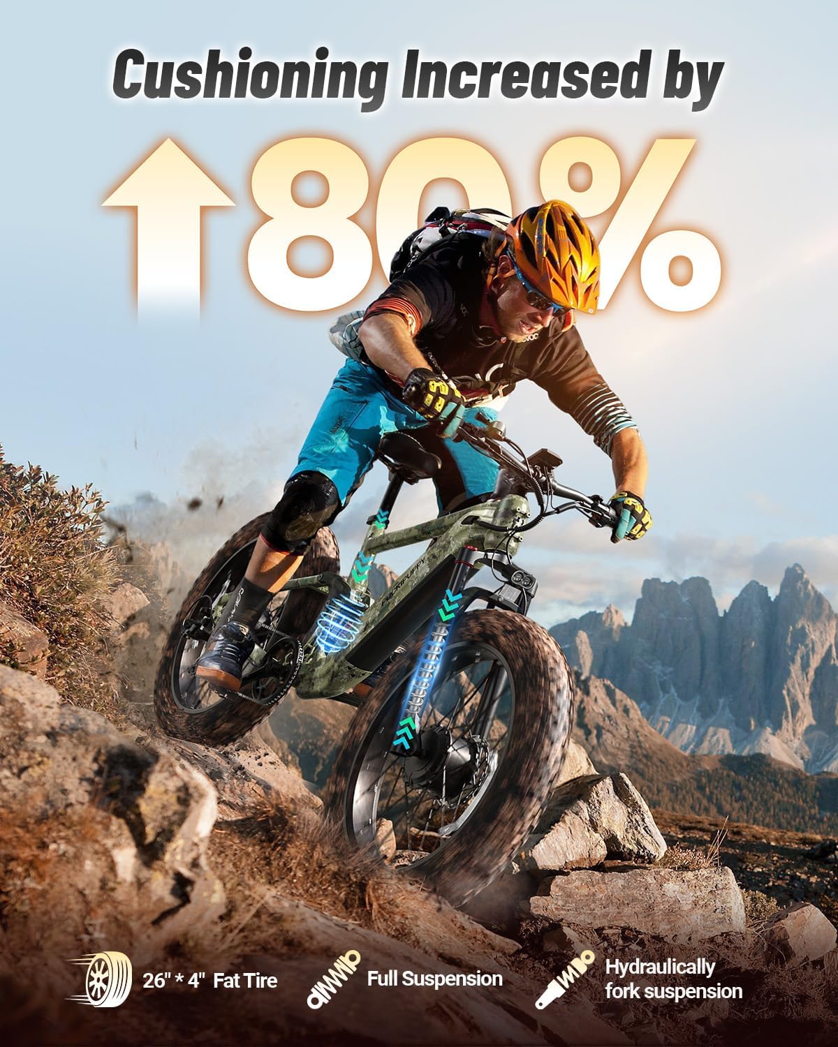 PUCKIPUPPY Dual Motor Electric Bike for Adults 1600W, Full Suspension Dual Hydraulic Disc Brake 26' Fat Tire E Bike, 48V 20AH Battery,8 Speed,28MPH 80Miles Range Mountain Electric Bicycle, GoldenR Pro