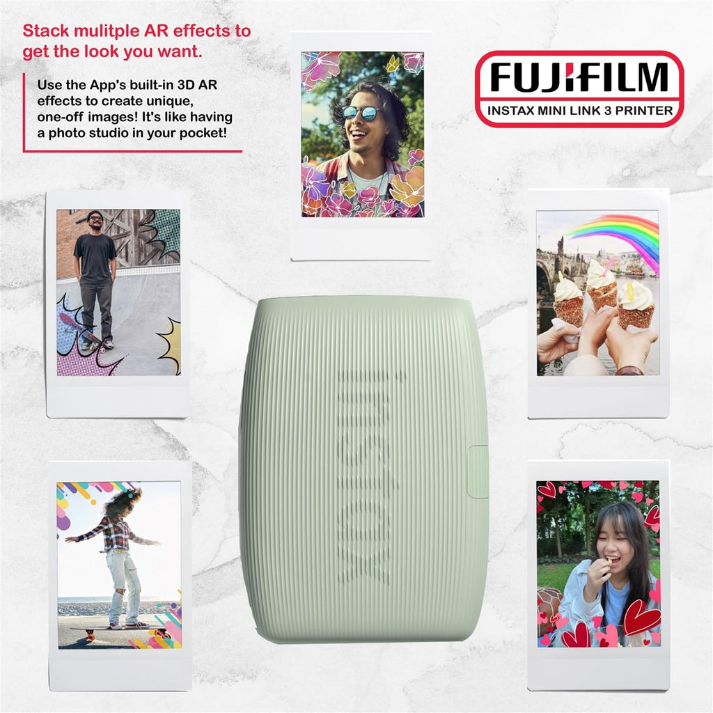 Fujifilm Instax Mini Link 3 Printer Bundle Instax Mini Film (40 Sheets), Instax Mini Link 3 Protective Case (Sage Green)