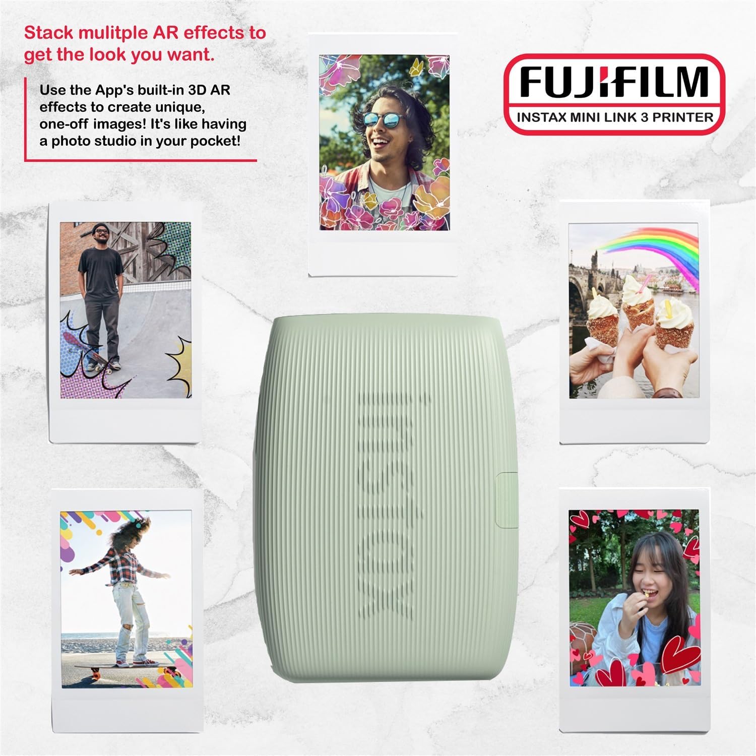 Fujifilm Instax Mini Link 3 Printer Bundle Instax Mini Film (40 Sheets), Instax Mini Link 3 Protective Case (Sage Green)