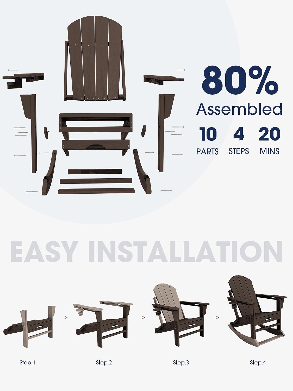 KINGYES Adirondack Rocking Chair Set of 2 with Retractable Ottoman and Cup Holders, HDPE Adirondack Rocker Patio Rocking Chair for Porch, Patio, Balcony, Coffee Brown