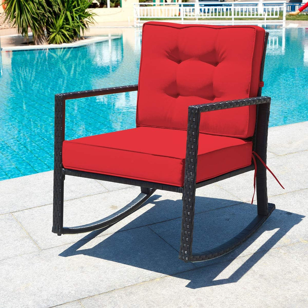 Tangkula Wicker Rocking Chair, Outdoor Glider Rattan Rocker Chair with Heavy-Duty Steel Frame, Patio Wicker Furniture Seat with 5' Thick Cushion for Garden, Porch, Backyard, Poolside (2, Red)