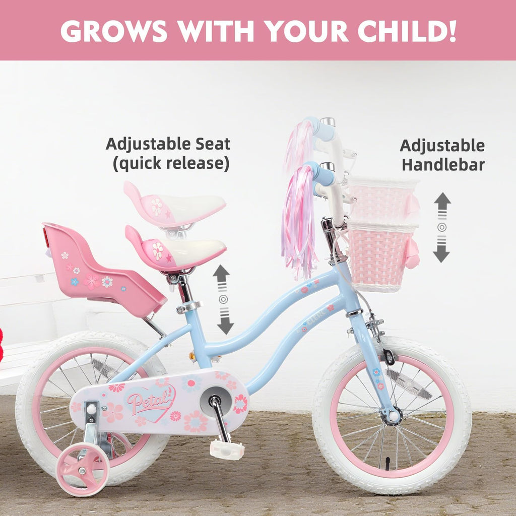 Glerc Petal Girls Bike 12-18 Inch for Ages 2-9, Kids Bike with Training Wheels, Basket & Streamers, Princess Style Kids Bicycle, for Girls