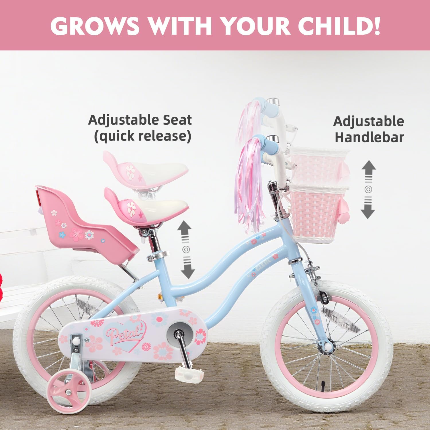 Glerc Petal Girls Bike 12-18 Inch for Ages 2-9, Kids Bike with Training Wheels, Basket & Streamers, Princess Style Kids Bicycle, for Girls